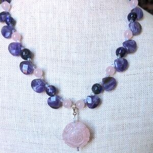 Rose Quartz & Amethyst Beaded Necklace. New, Handcrafted, Genuine Gemstones